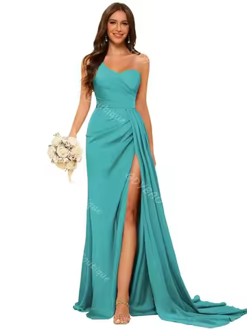 Satin Pleated Bridesmaid Dress with Slit One Shoulder Brush Train Wedding Party Gown Customized long Mermaid Prom Evening Dress