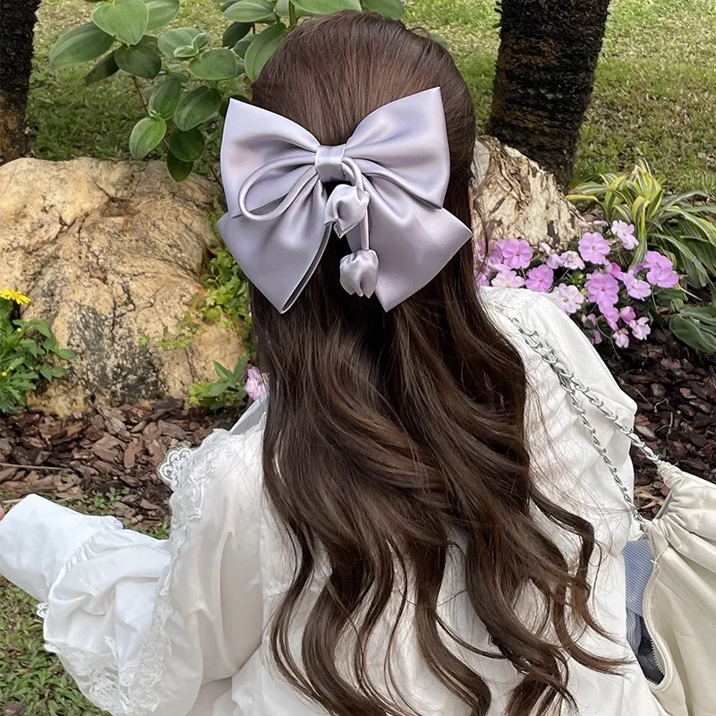 

Korean Accessories Hair Clips for Women Girls Big Bowknot Solid Satin Long Ribbon Bows Spring Clamp Barette Cheveux Femme