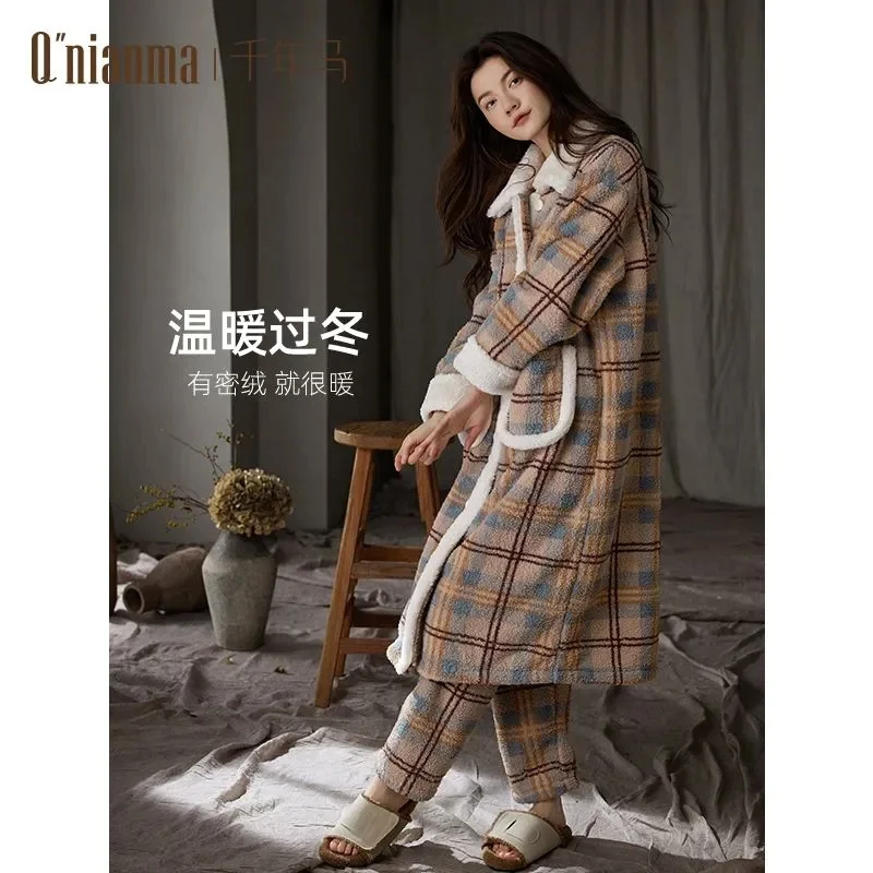 Coral Fleece Nightgown for Women 2024 Autumn and Winter New Style Loose Versatile Thickened and Flannel Home Clothes Pajama Set