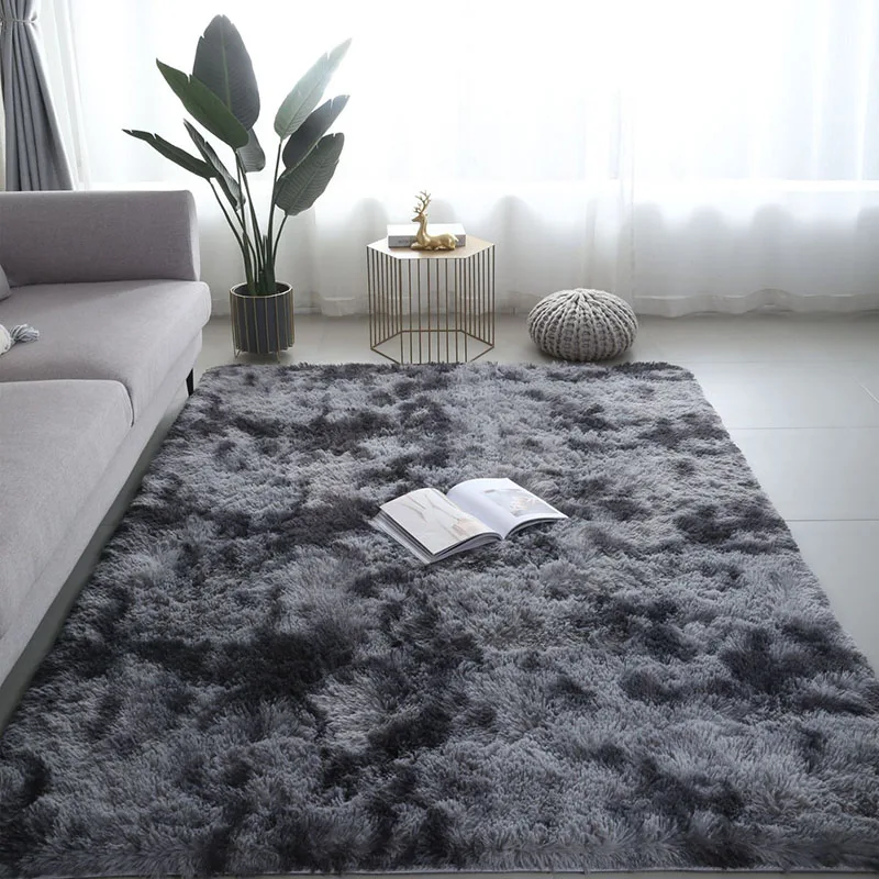 Tie-Dyed Gradient Colorful Living Room Carpet Long Plush Floor Mats for Home Office Hotel Non-Slip Rectangular Furry Foot Rug