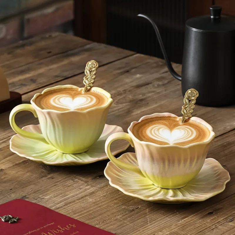 French RetroCrystalline Glaze Flower Shaped Kiln Transformation Set Creative Splicing Color Design Coffee Cup Milk and Plate Set