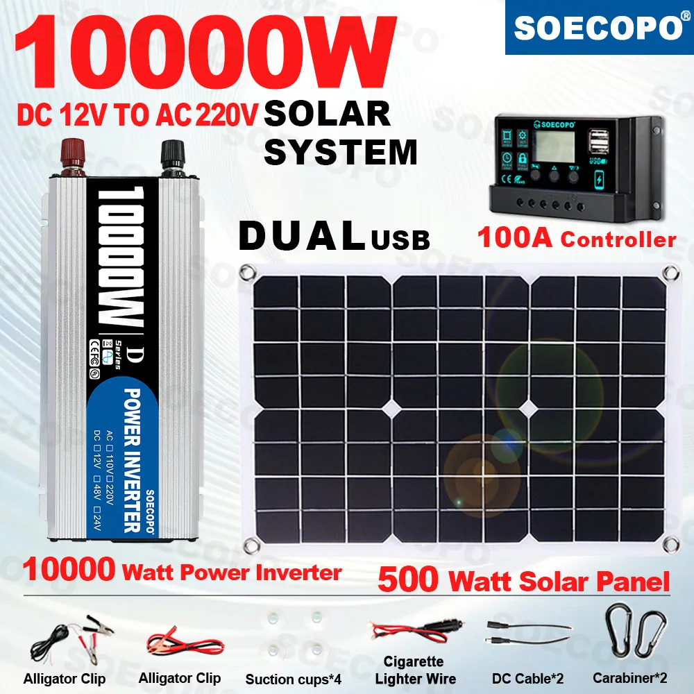 

SOECOPO 10000W Portable System Set DC 12V to AC 220V/110V Inverter USB 5V 500W Solar Panel 100A Controller for Camping Home Use