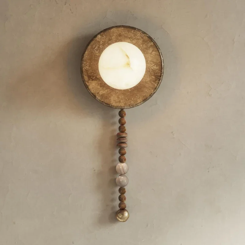 2026New American Retro Gold Round Wall Light Loft Handmade Long Sconce Personality Living Room Lobby Hotel Villa Wooden Lighting