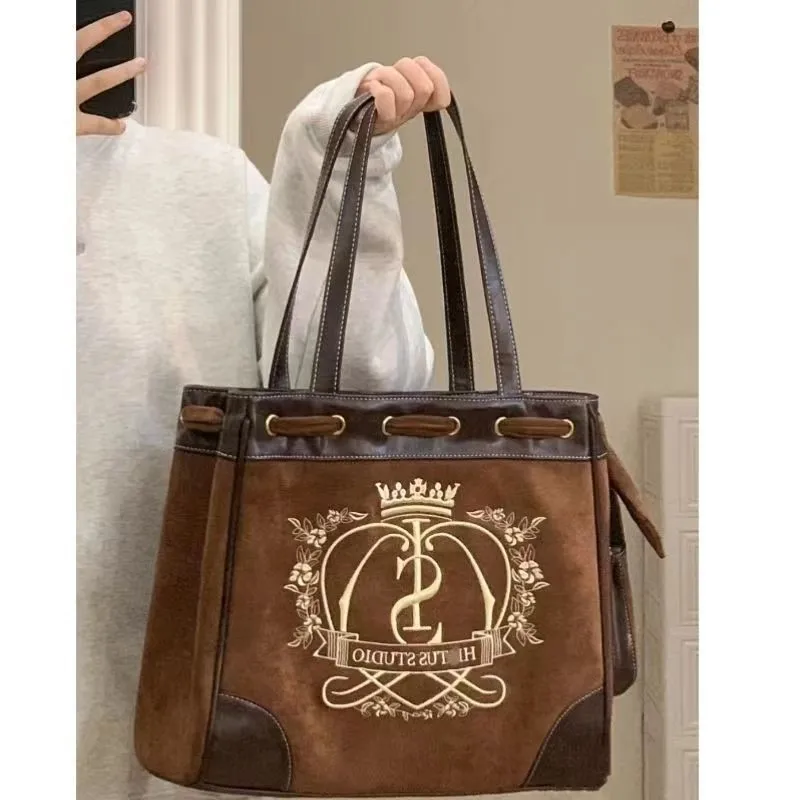 JIAERDI Retro Flower Letter Print Beige Shoulder Bags Women Crown Embroidered Large Capacity Tote Bag Female Vintage Y2k Handbag