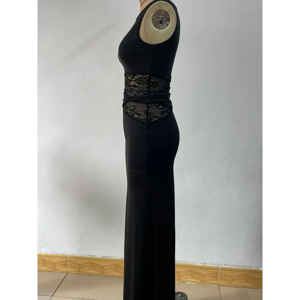 Apprabant Frauen Spitze Spleißen Einfarbig Vestido Rundhals Ärmellose Halb Transparent Aushöhlen Twisted Bund Kleid