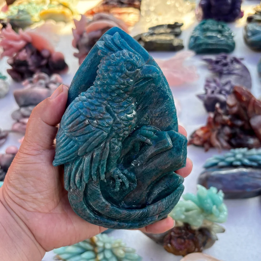 Natural Blue Apatite Parrot Hand Carved Crystal Statue Throat Chakra Reiki Healing Stone Home Altar Decor Collection Gift