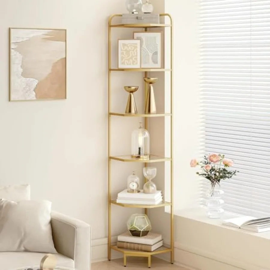 

Corner Shelf Stand, Glass Bookshelf Bookcase, Bathroom Organizer, Plant Stand, Steel Frame, Tempered Glass, Modern Style for Li