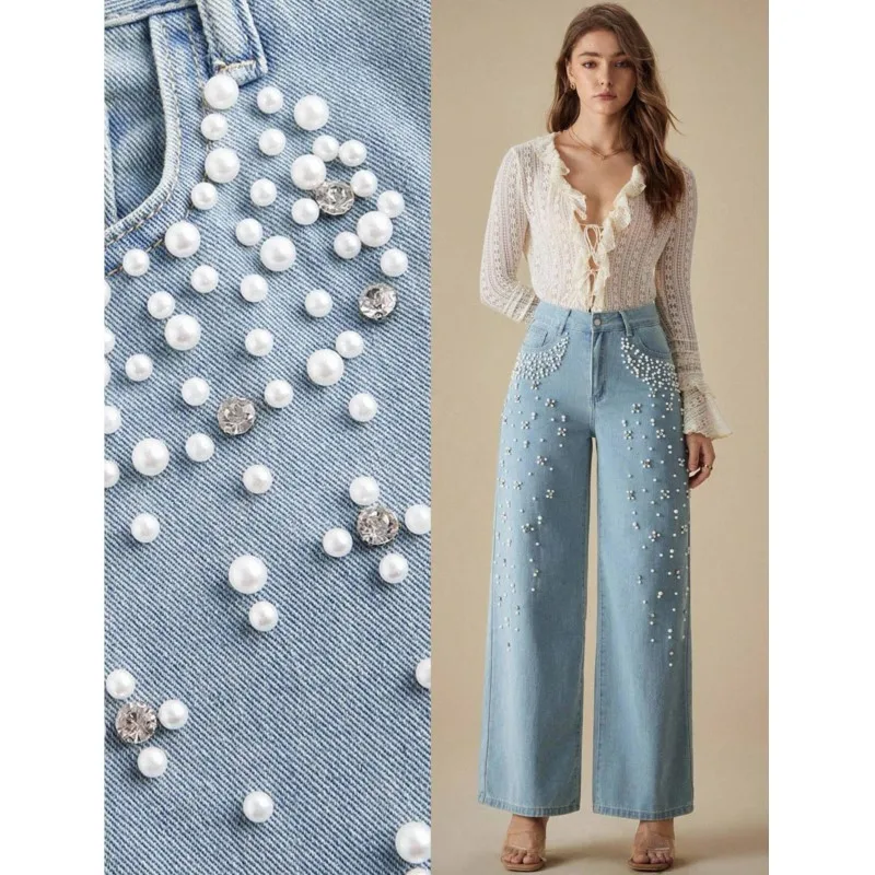 

Jeans Women Pearls Spliced Denim Pants Solid Casual Streetwear Pockets Button Trousers Elegant Skinny Straight Basis Spring
