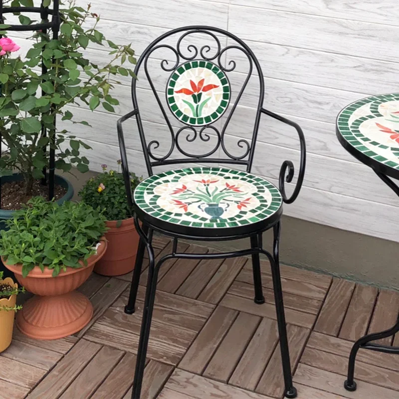 European Style Outdoor Tables Chairs Set Household Balcony Courtyard Iron Mosaic Table Lesure Chair Vintage Outdoor Furniture