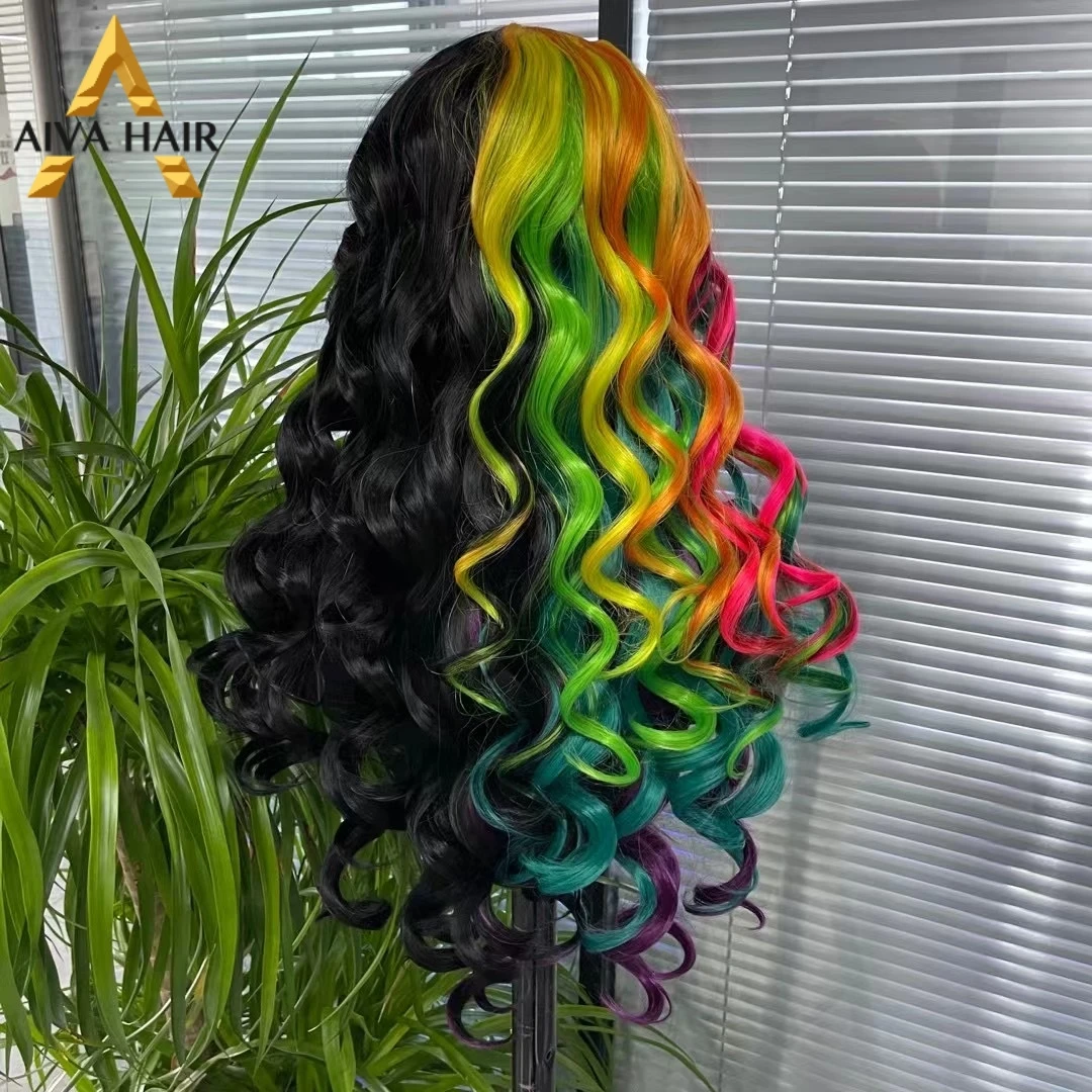 Rainbow Colored Synthetic 13x4 Lace Front Body Wave Transparent Drag Queen High Temperature Fiber Wigs For Women Glueless 180%