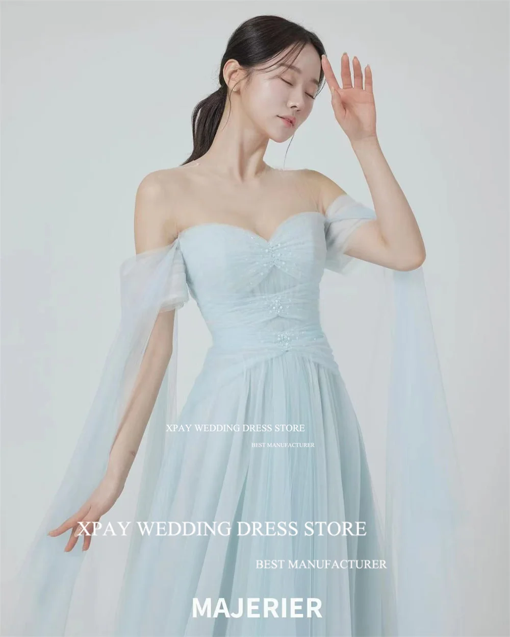 XPAY Elegant Sky Blue Sweetheart Korea Evening Dresses Off Shoulder Wedding Customised Sleeveless Backless Custom Party Gown