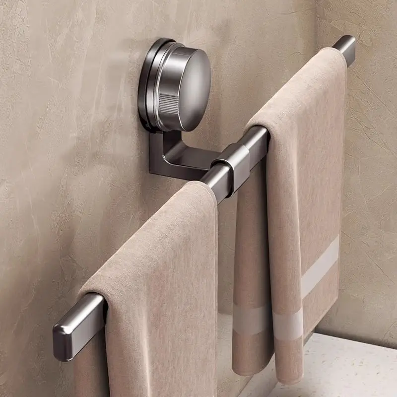 Suction Cup Towel Rack Wall Mounted Gun Gray Metal Towel Bar No Drilling Waterproof Rustproof Towel Holder For Bathroom Kitchen