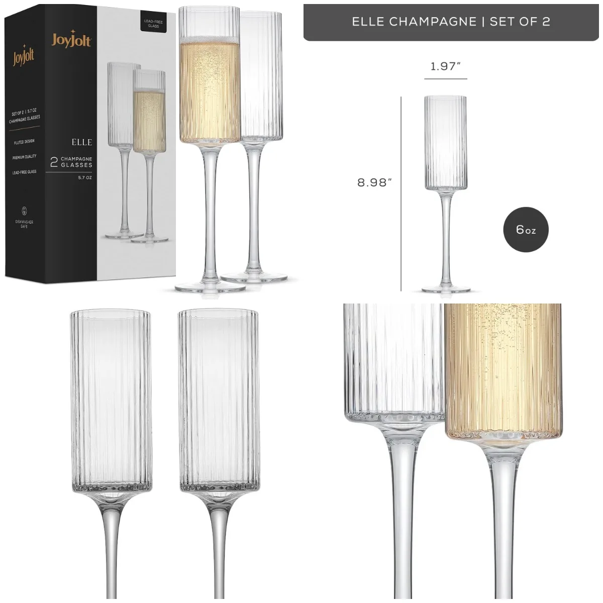 

Elle 5.7oz Champagne Glasses, Fluted Flute Set of 2, Vintage Cocktail & Mimosa Glasses
