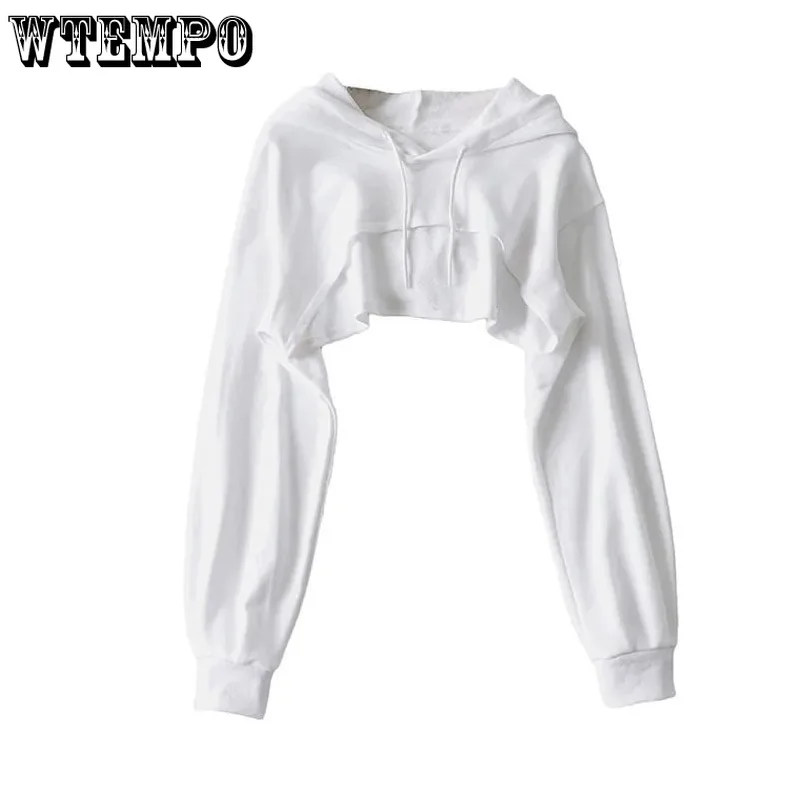 Black Short Hoodies Sweatshirts Women\'s Navel Pullover Blouse Long-sleeved Loose Top Spring Autumn Drop Shipping Wholesale