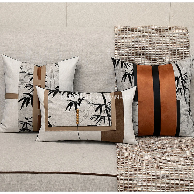 DAVINRICH Chinoiserie Patchwork Cushion Cover Silhouette Of Bamboo Tree Leaves Pattern Jacquard Pillowcase Artistic Modern Feel