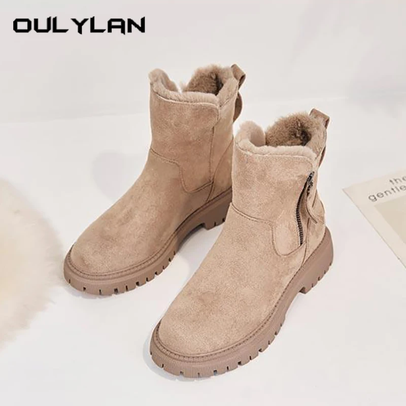 

New Lady Solid Color Snow Boots Winter Women Warm Fashion Platform Boots Non-slip Short Plush Flats Female Zipper Suede Shoes