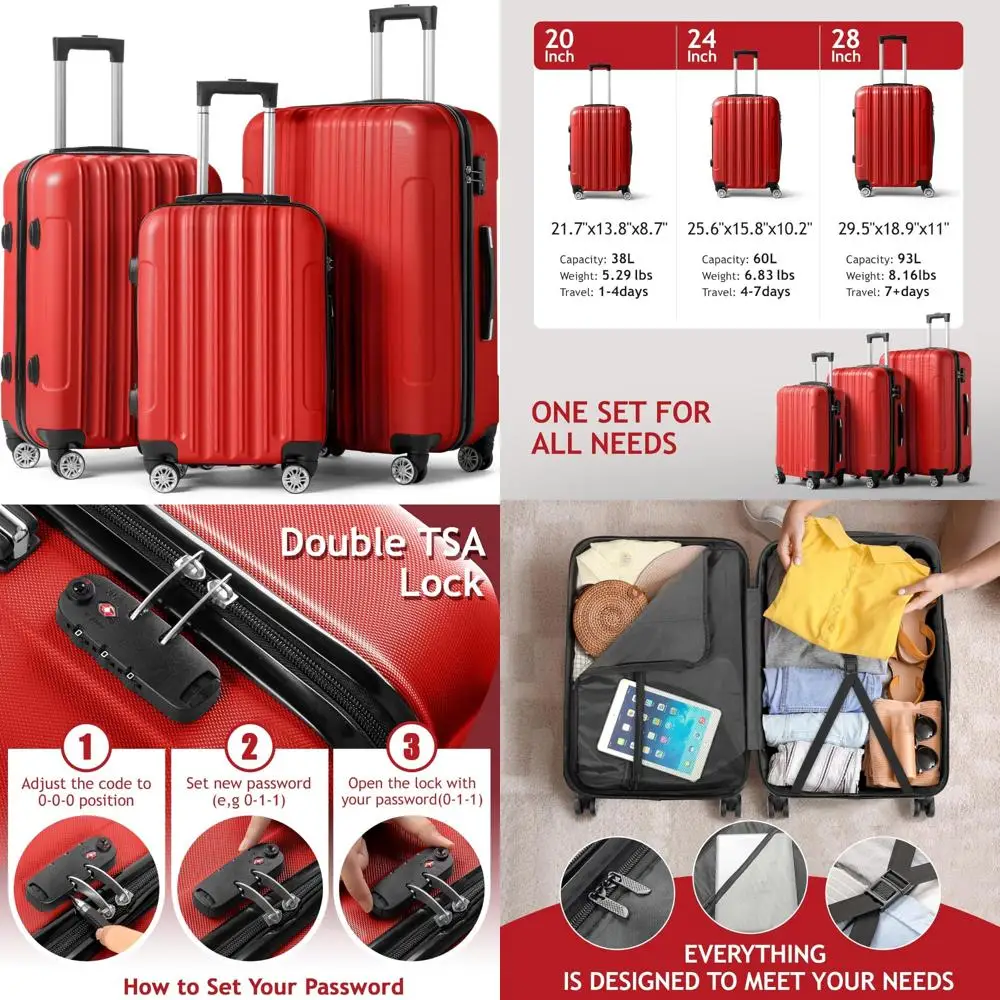 

expandable 3 piece luggage set with tsa lock, spinner wheels, 20", 24", 28" travel suitcases