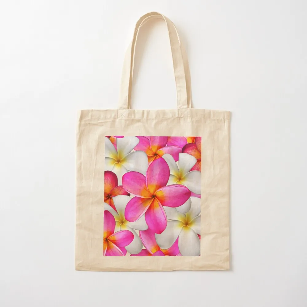Frangipani tropical bright pink and white summer flowers Tote Bag Women's beach bags shopping bag logo canvas tote bag