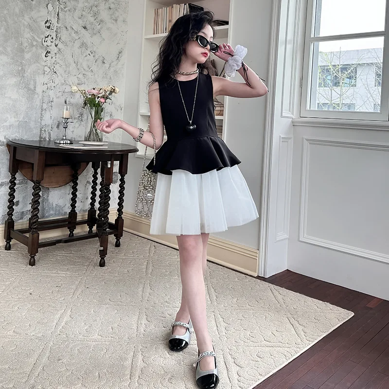 Girls' summer Dresses 2025 new middle-aged children's fashion Princess dress contrasting colors Elegant style fluffy gauze skirt