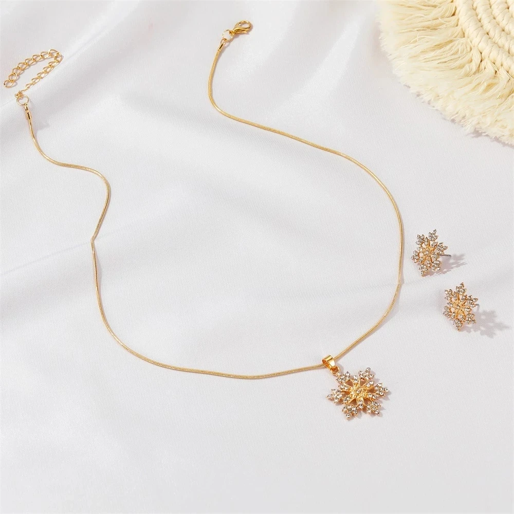 Luxury 925 Silver Gold Color Snow Flower Wedding Engagement Jewelry Set For Women Pendant Necklace Earrings Set Fashion Jewelry