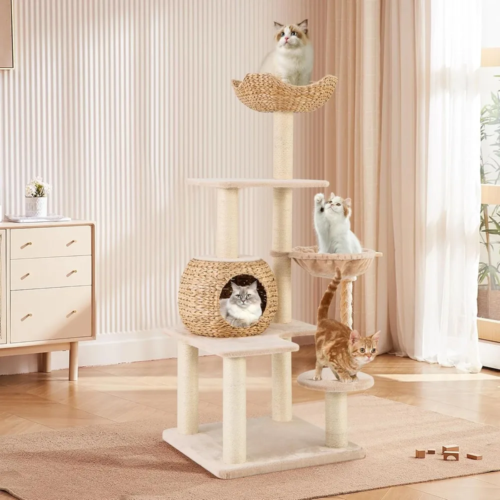 

59 inch Cattail Cat Tree Tower, Multi-Level Cat Tower with Natural Sisal Scratching Posts, Condo, Basket,