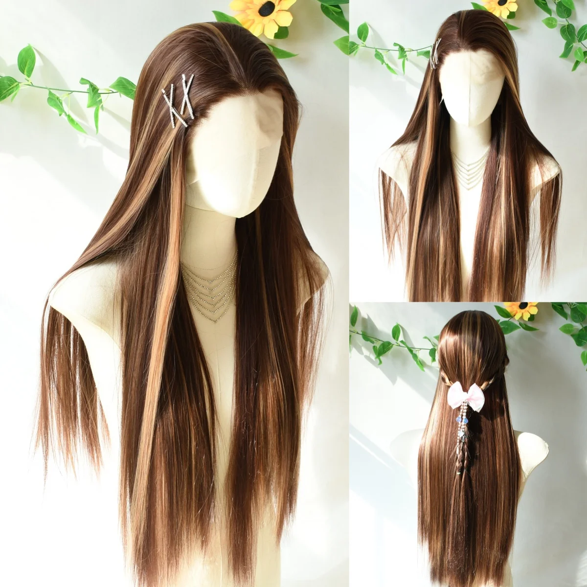 

Highlight Ombre Blonde Long Straight Lace Front Wig 13x4 HD Lace Wig Brown Synthetic PrePlucked Heat Resistant Cosplay For Women