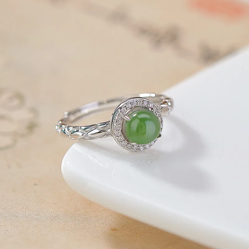 

TIMESWIND Natural Hetian Jade S925 Green Round Bead Pattern Women Open Ring with Certificate