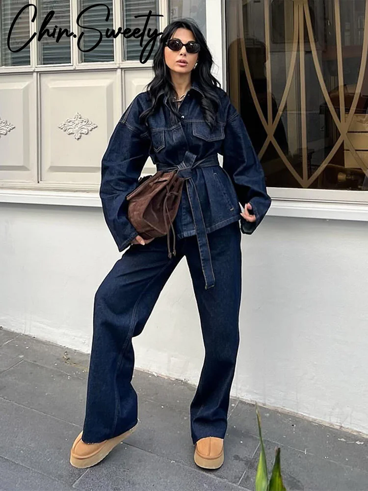 النساء قطعتين مجموعة الدنيم بانت مجموعات واحدة الصدر طويلة الأكمام حزام معطف واسعة الساق السراويل الجينز الإناث 2 قطع وتتسابق