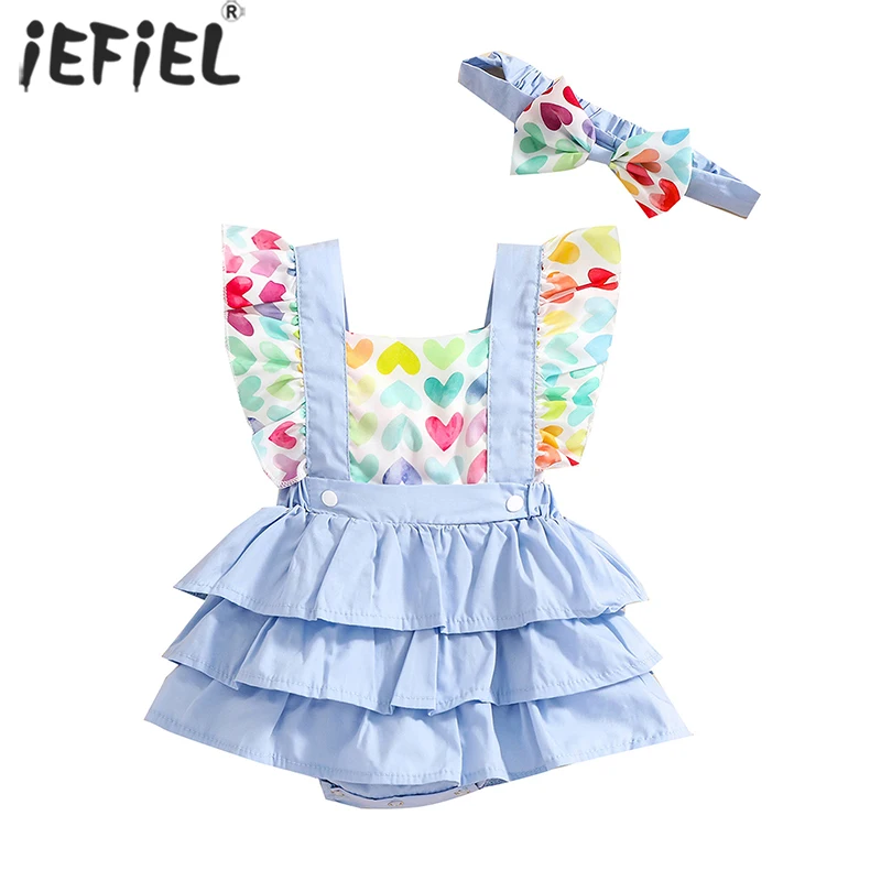 

2022 Summer Newborn Baby Ruffle Heart Print Bodysuits For Baby Girls Cotton Valentine's Day Clothes Fashion Sleeveless Jumpsuit