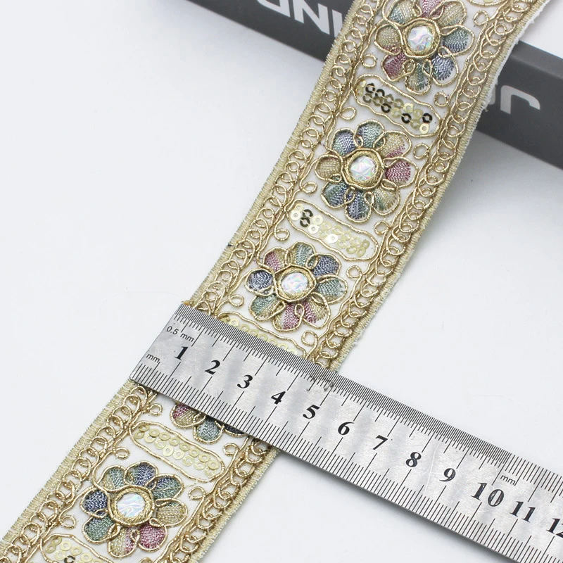 

10 Yards Retro Embroidery Lace Trims 4.5cm Width Antique Gold Thread Sequin Ribbon DIY Sewing Dress Trimming Decor Accessory