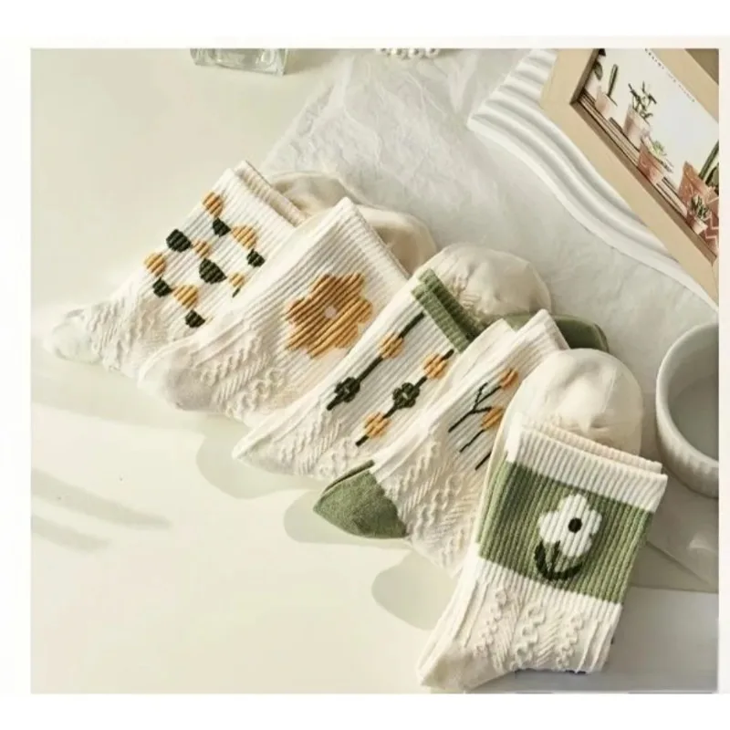 5 Pairs Socks Women Green Fresh Medium Length Summer New Plant Flower Short Socks Sweat Absorbing and Odor Proof Socks New