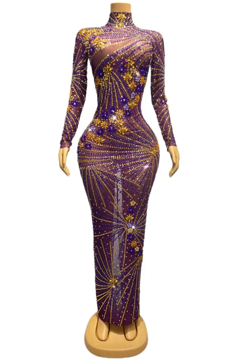 

Purple Gold Rhinestones Transparent Long Sleeves Dress Birthday Celebrate Sexy Outfit Prom Party Clothes ziluolan