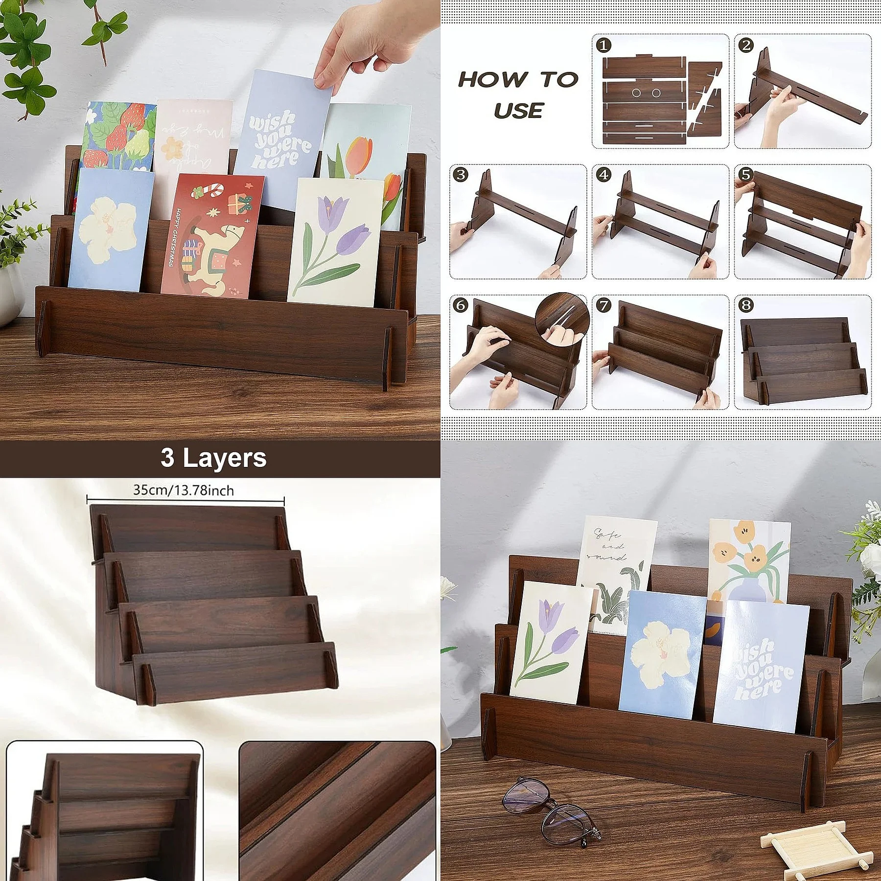 Wooden Greeting Card Display Stand 2-4 Tiers Mail Organizer Envelope Holder for Desk Postcard Rack for Home Office Wedding Decor