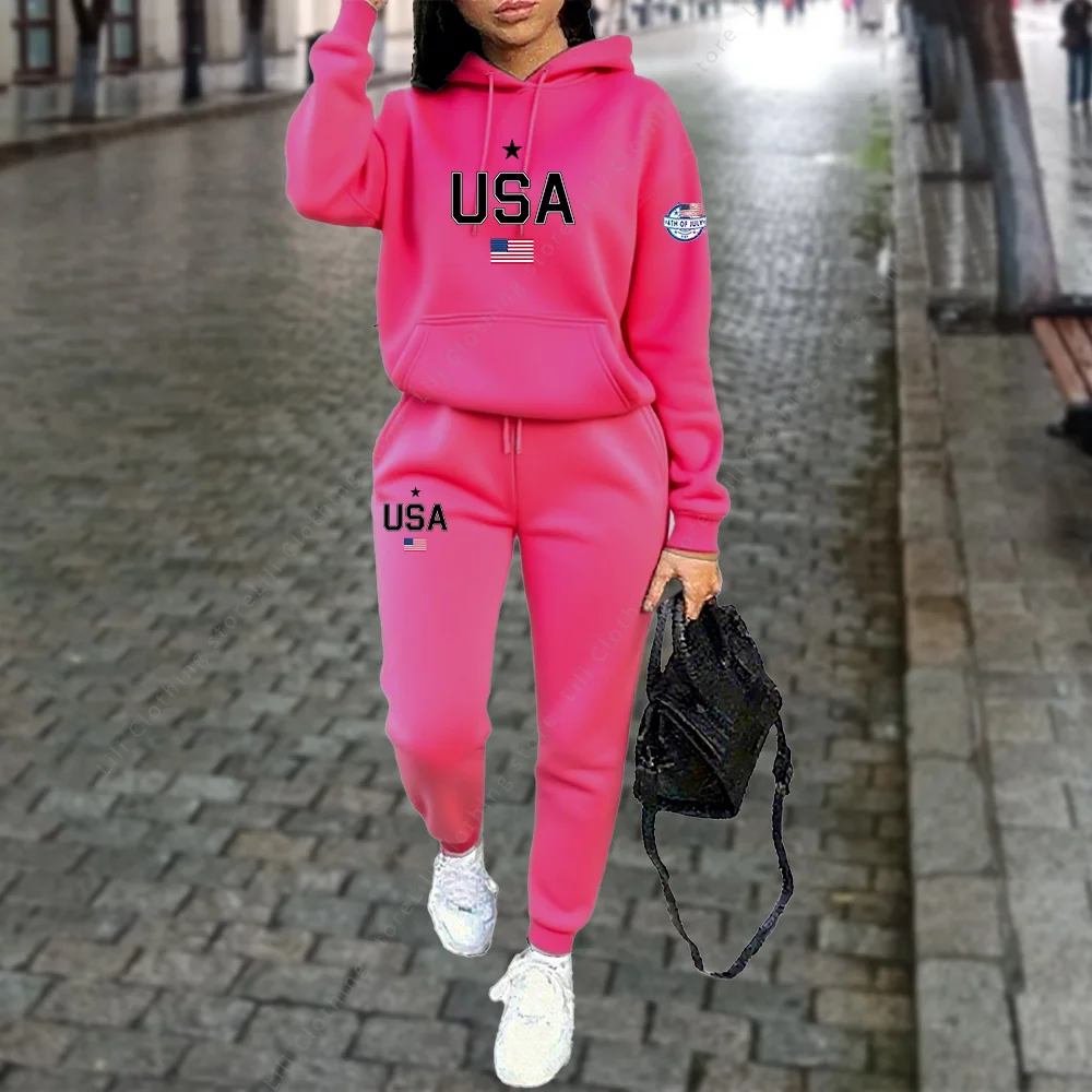 

Women's sets hoodies pants 2pcs Autumn Winter Sports Outfits U.S.A Letter graphic print Jogging Suit Clothes Female Tracksuit