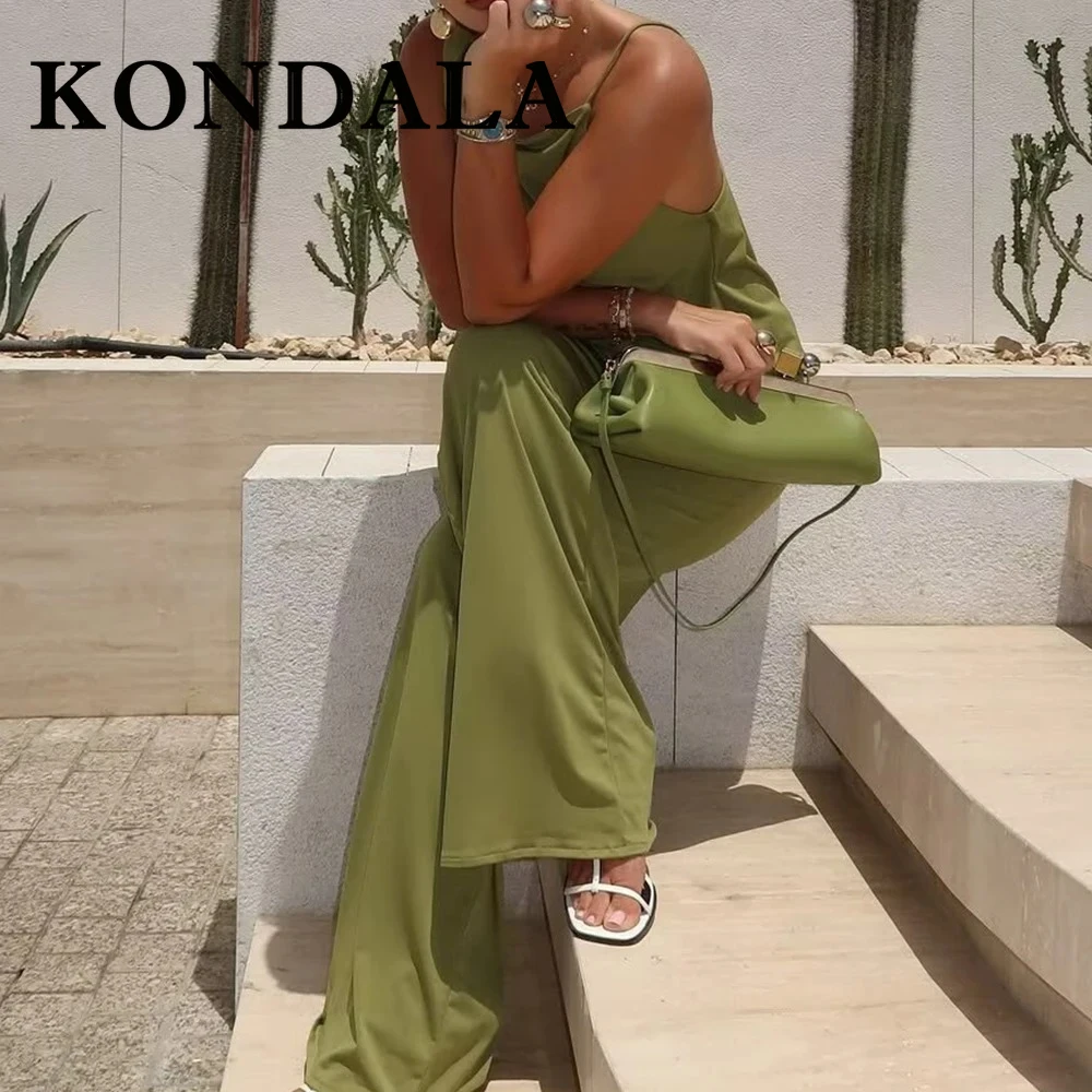 

KONDALA Chic Elegant Green Backless Fashion 2025 Summer Woman Suit Asymmetric Sexy Vest+ Wide Leg Pants Night Party Set