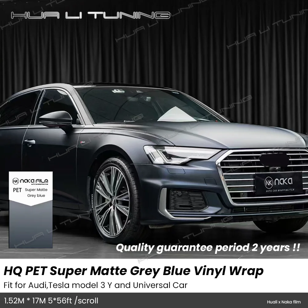 PET Super Matte Grey Blue Vinyl Wrap For Audi Tesla etc. LowTack Glue 1.52*17M/Roll 5x56ft Air Bubble Free Scratch Repair Film