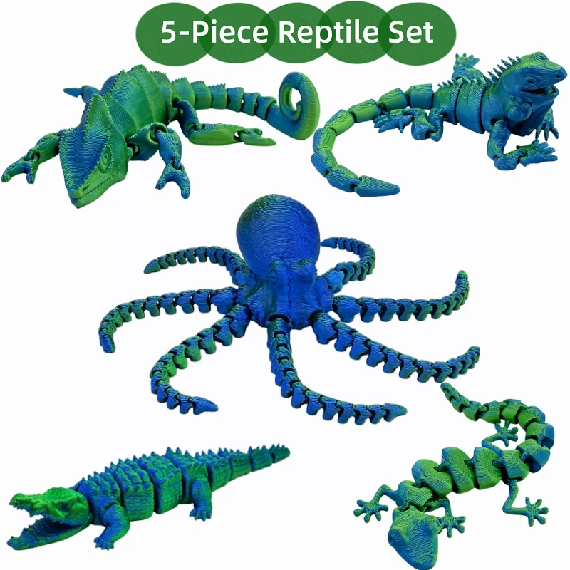 Juego de 5 figuras de animales articuladas: camaleón, lagarto, pulpo, cocodrilo y gecko, juguetes, adorno de escritorio, regalo perfecto