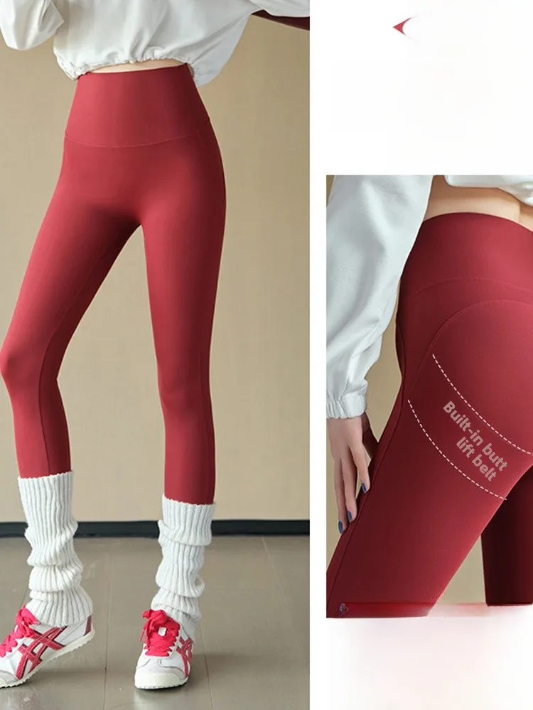 

Красный ледяной шелк, тонкие брюки для йоги с высокой талией, женские летние уличные спортивные колготки для подтяжки ягодиц