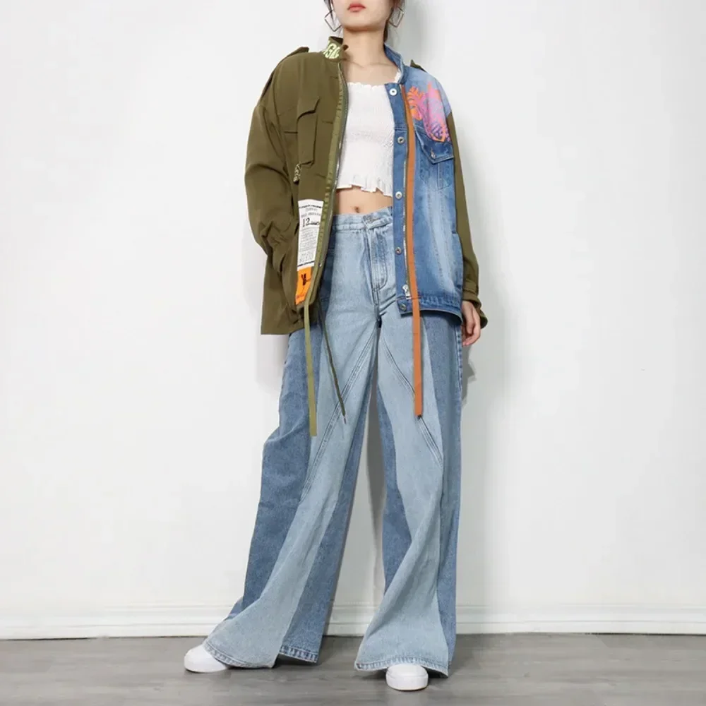2024 New Denim Jacket Women Spring Jacket Long Sleeve Fake Two Piece Denim Coat Autumn High Quality Lapel Patchwork Vintage