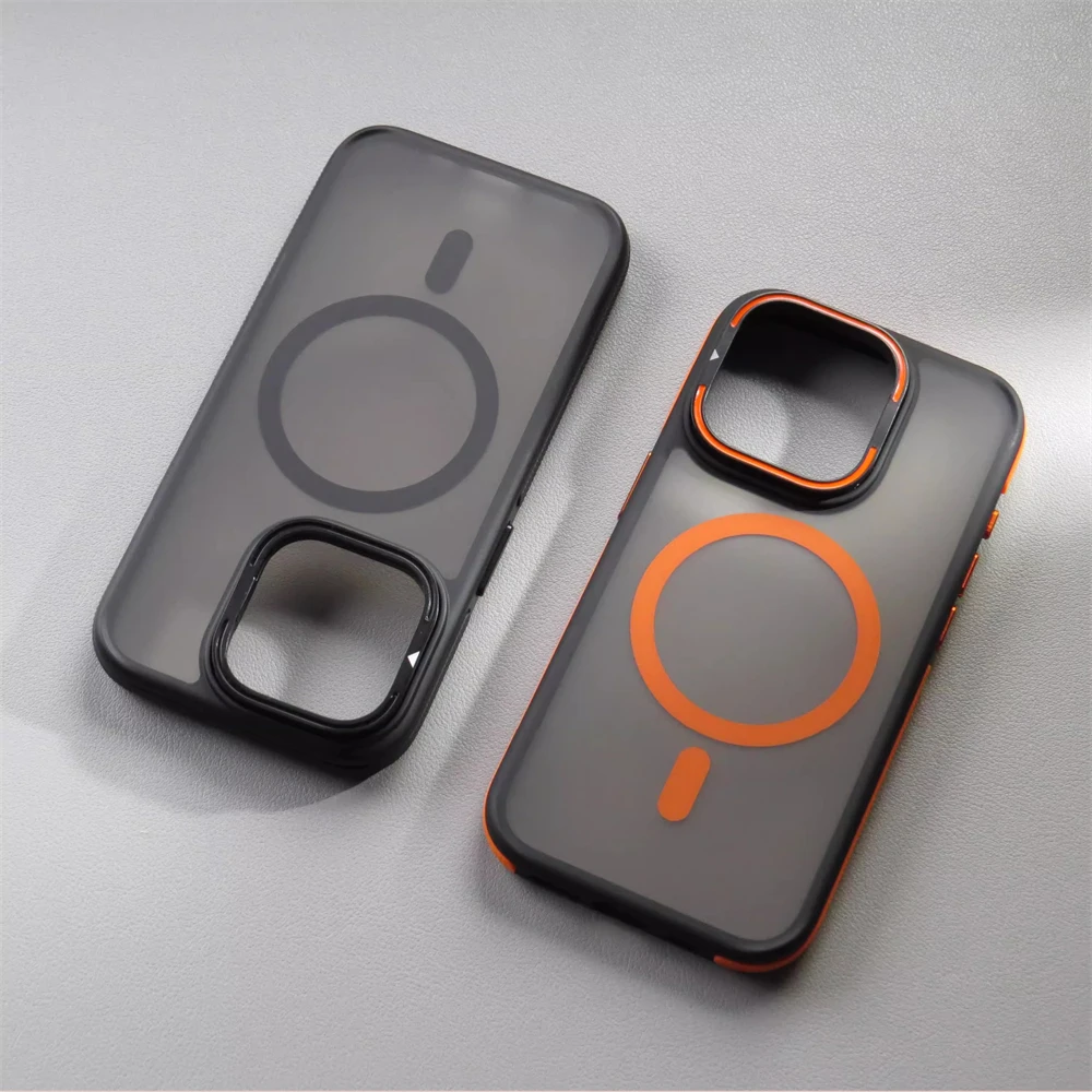 Alloy Lens Stand Non-Slip Matte Case For iPhone 17 16 Pro Max 15 14 13 12 Pro 17Air Magsafe Magnetic Wireless Charge Armor Cover