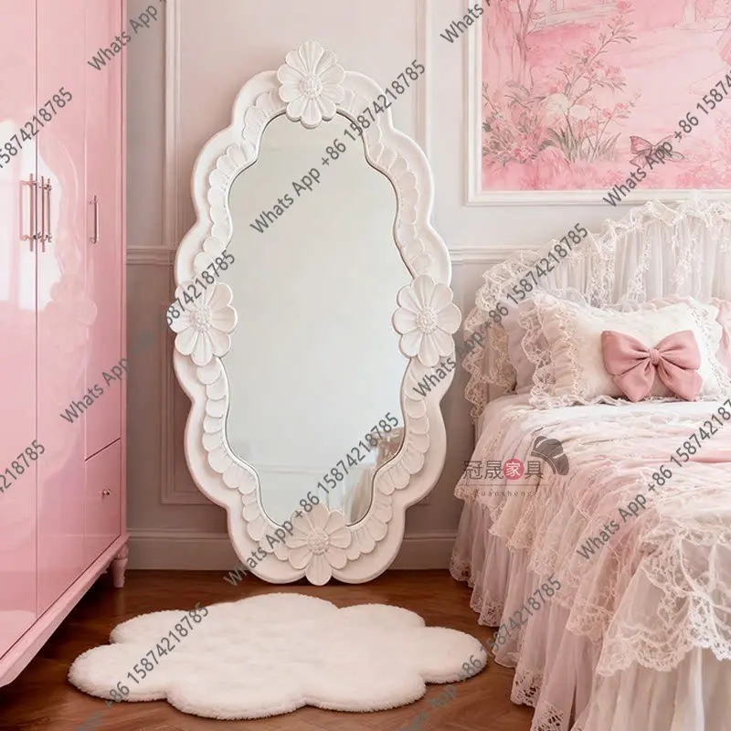 art floor-to-ceiling full-length mirror French light luxury flower modeling bedroom  American retro creative fitting mirror