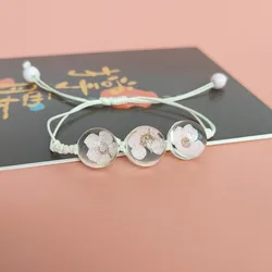 b22 Glass Ball Dried Cherry Blossoms Bracelets Hand-made Dried Flower Charm Bracelets Girls Gifts Natural Flower Weave Jewelry