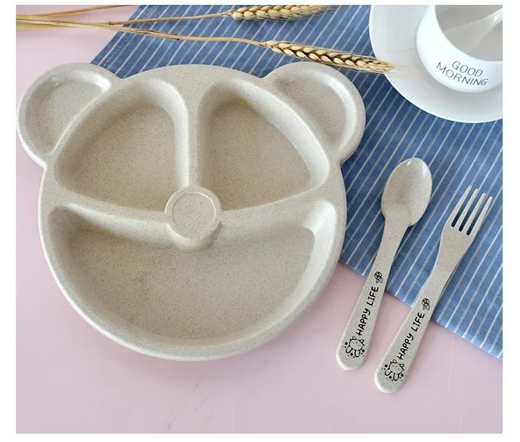 Assiette à manger ours de dessin animé pour enfants, ensemble de vaisselle, bol, cuillère, fourchette, ensemble de nourriture pour enfants, assiettes d'entraînement pour bébé