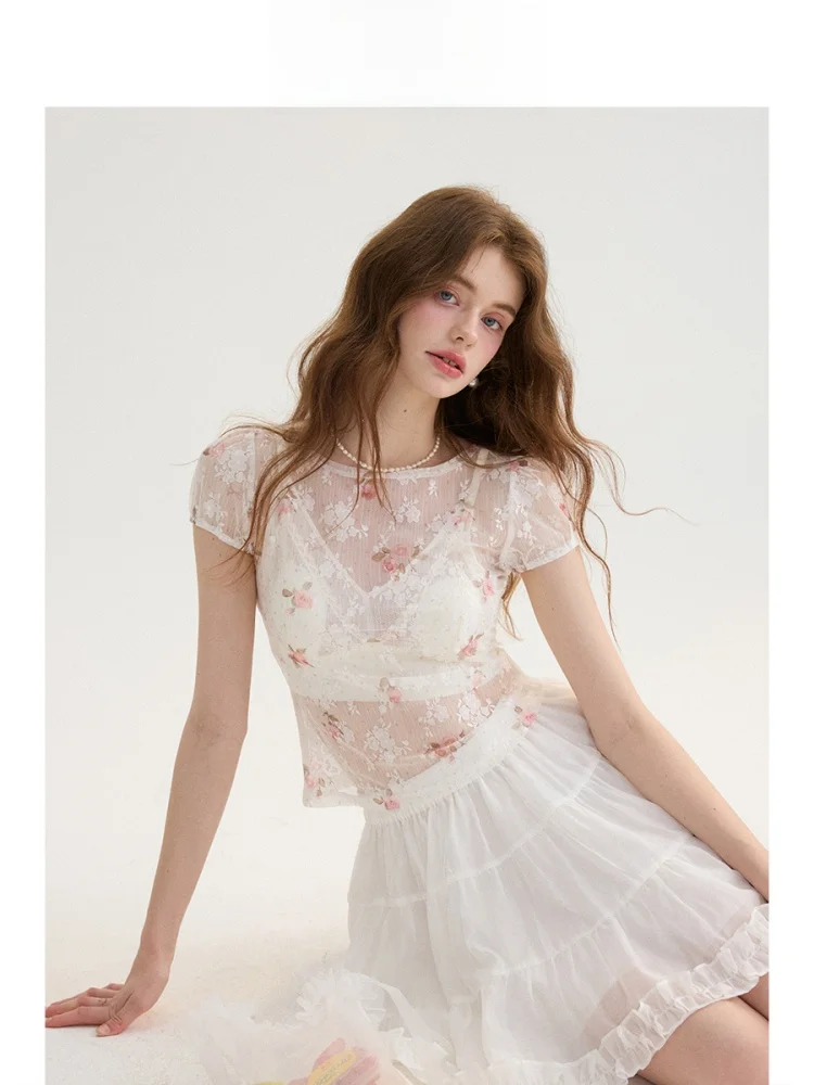 프랑스 스타일 레이스 셔츠 반팔 플로럴 프린트 슬림핏 티셔츠 여성 여름 휴가용 라운드넥 티