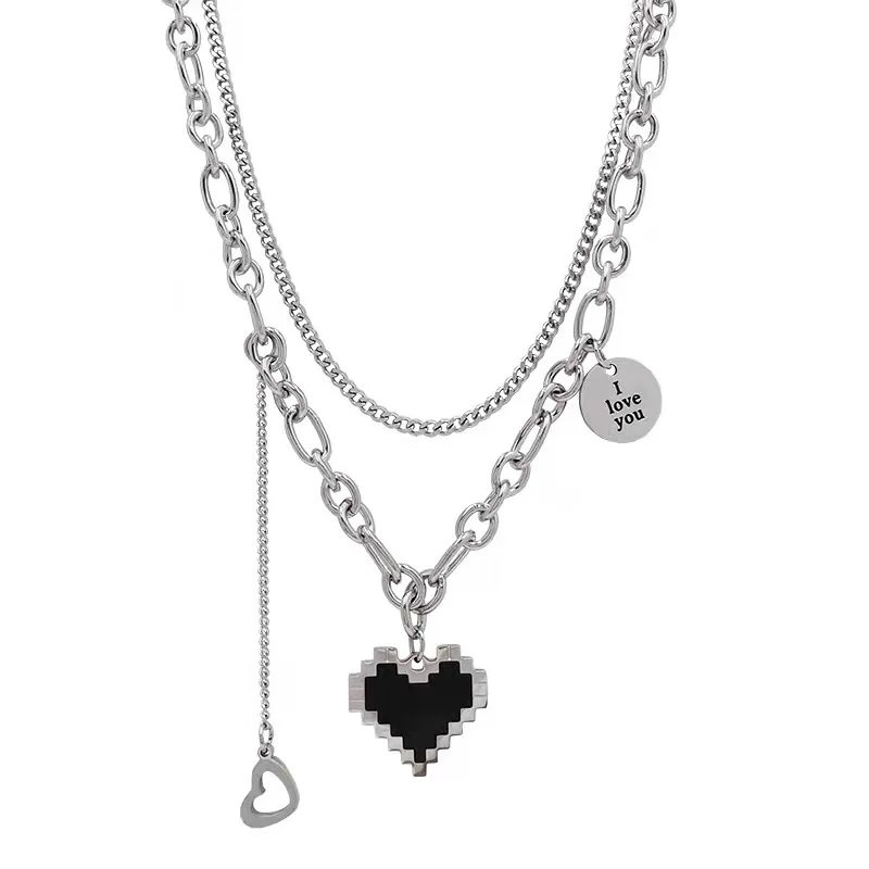 Trendy Black Peach Heart Pendant Necklace For Women Girl Double Layered Hip Hop Cool Clavicle Chain Jewelry Y2K Accessories Gift