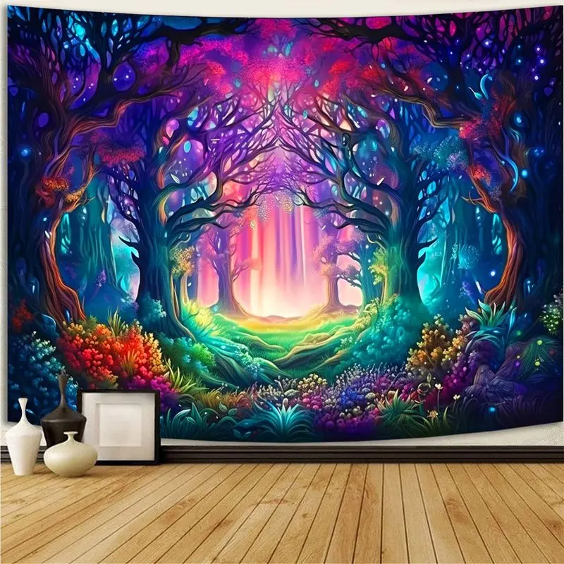VIKAMA Magical Radiant Enchanted Grove Trail UV Blacklight Tapestry Glow In Dark Psychedelic Wall Art Decor Soft Durable Cozy