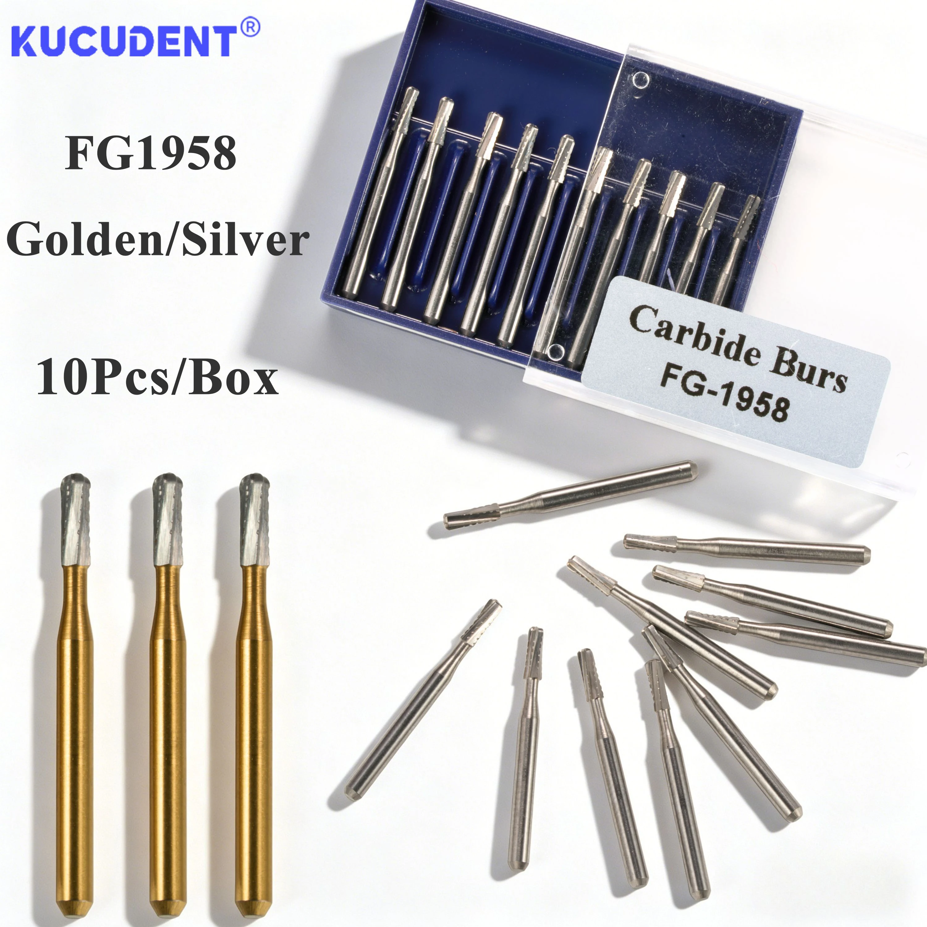 10 sztuk/pudełko Wysokiej Prędkości Wiertła Dentystyczne z Węglika Spiekanego FG1958 do Usuwania Koron i Cięcia Metali, Stal Wolframowa, Materiały Laboratoryjne dla Dentystów (FG1958 Silver)