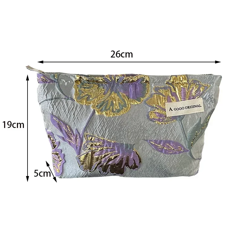 Vintage Blue Purple Flower Embroidery Fabric Cosmetic Bag Women Portable Large Capacity Makeup Bag Travel Storage Bag Organizer