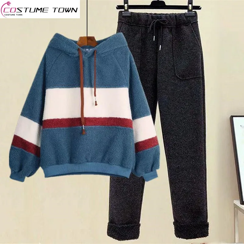 2023 Autumn/Winter New Thickened Imitation Lamb Wool Two Piece Set Girls' Winter Loose Top Women's Two Piece Set