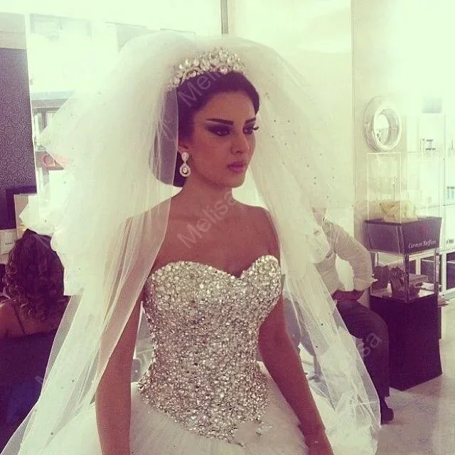 Customized Classic Sweetheart Puffy Tulle Ballgown Wedding Dresses Sweep Luxious Crystals Beading Vestido Novia Bridal Gowns